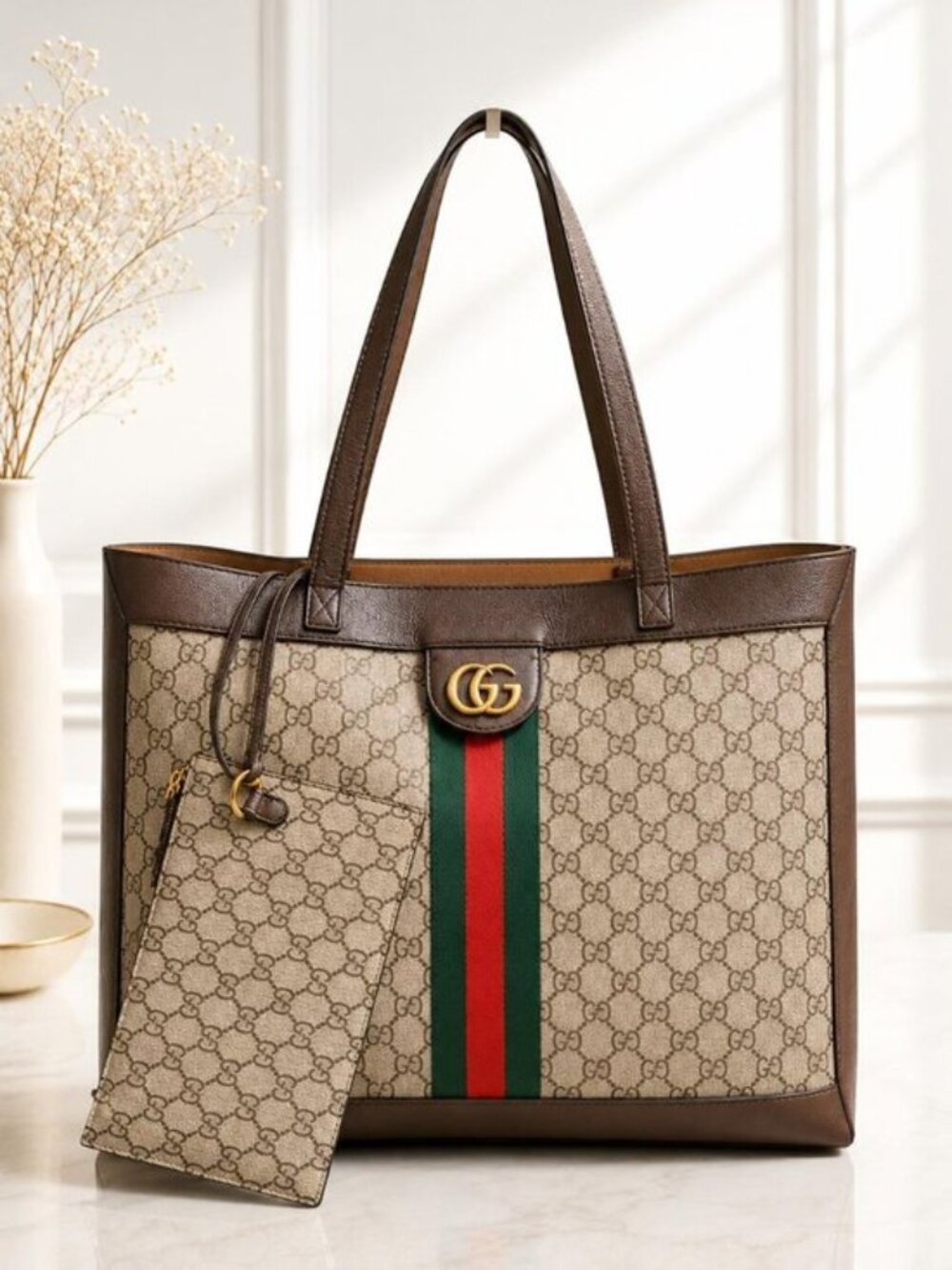 Authentic Gucci Ophidia GG Supreme Large Tote Bag Web Stripe w/ Pouch Bag